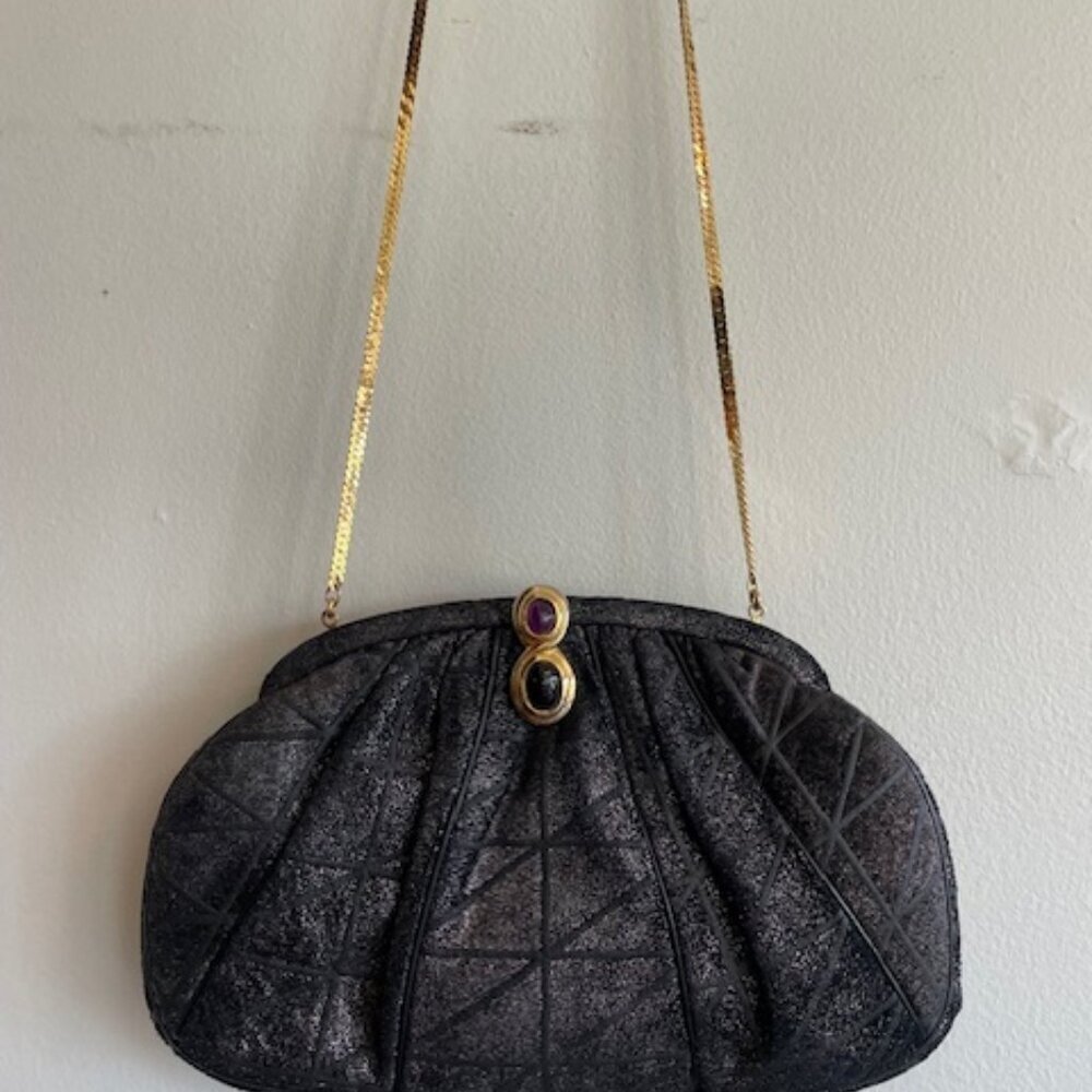 JUDITH LIEBER Vintage Minaudière Black Metallic Suede Gemstone Clasp Purse
